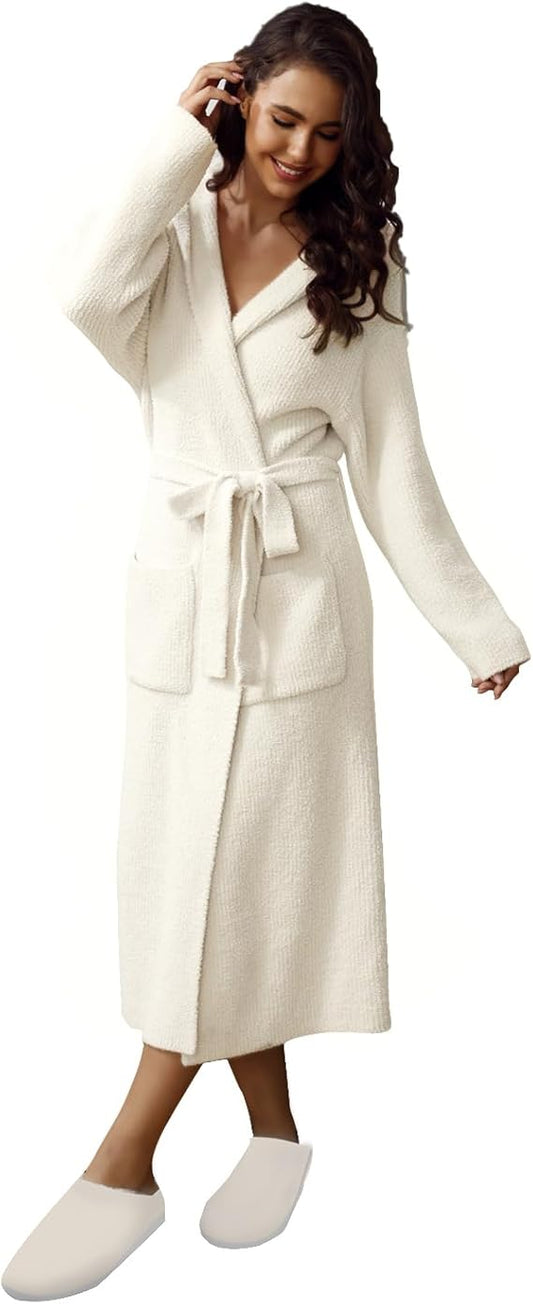 MH MYLUNE HOME Women’s Plush Robe – Ultra Soft Fuzzy Spa Bathrobe with Pockets | Cozy Calf-Length Loungewear