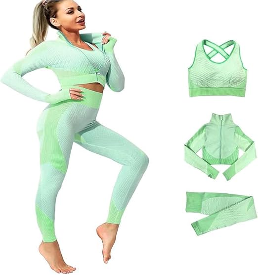 3 Piece Workout Sets for Women–Seamless Workout Sets with Jacket, Sports Bra & High-Waisted Leggings Women’s Gym Set