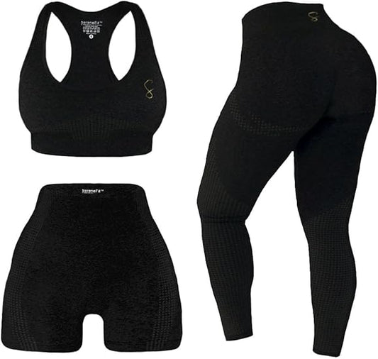 3 Piece Workout Sets For Women Seamless High Waisted Matching Exercise Leggings Shorts and Sports Bra Active Set