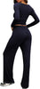 2 Piece Lounge Sets for Women, Side Ruched Long Sleeve Top & Wide Leg Pants Casual Matching Tracksuit for Home & Travel