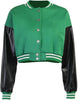 Women Color block Crop Fleece Baseball Jacket Button Down Bomber Coats Sweatshirt