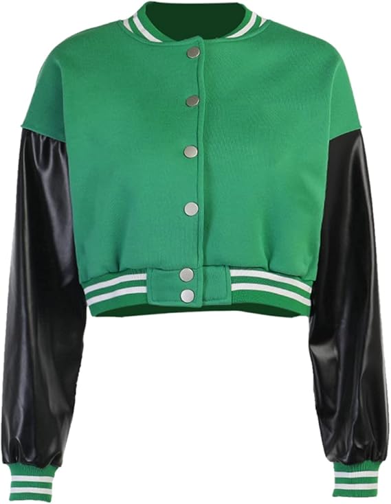 Women Color block Crop Fleece Baseball Jacket Button Down Bomber Coats Sweatshirt