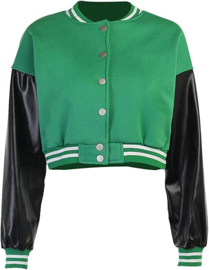 Women Color block Crop Fleece Baseball Jacket Button Down Bomber Coats Sweatshirt