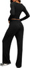 2 Piece Lounge Sets for Women, Side Ruched Long Sleeve Top & Wide Leg Pants Casual Matching Tracksuit for Home & Travel