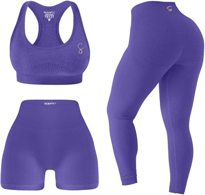 3 Piece Workout Sets For Women Seamless High Waisted Matching Exercise Leggings Shorts and Sports Bra Active Set