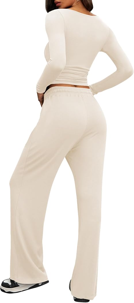 2 Piece Lounge Sets for Women, Side Ruched Long Sleeve Top & Wide Leg Pants Casual Matching Tracksuit for Home & Travel