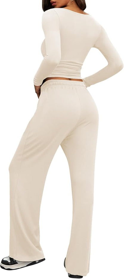 2 Piece Lounge Sets for Women, Side Ruched Long Sleeve Top & Wide Leg Pants Casual Matching Tracksuit for Home & Travel