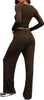 2 Piece Lounge Sets for Women, Side Ruched Long Sleeve Top & Wide Leg Pants Casual Matching Tracksuit for Home & Travel