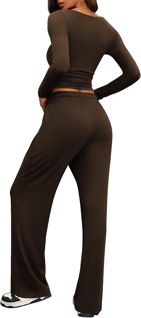 2 Piece Lounge Sets for Women, Side Ruched Long Sleeve Top & Wide Leg Pants Casual Matching Tracksuit for Home & Travel