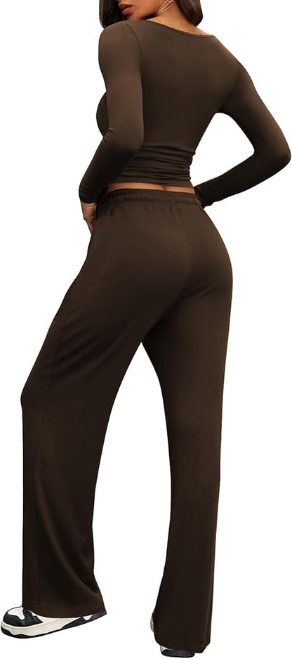 2 Piece Lounge Sets for Women, Side Ruched Long Sleeve Top & Wide Leg Pants Casual Matching Tracksuit for Home & Travel