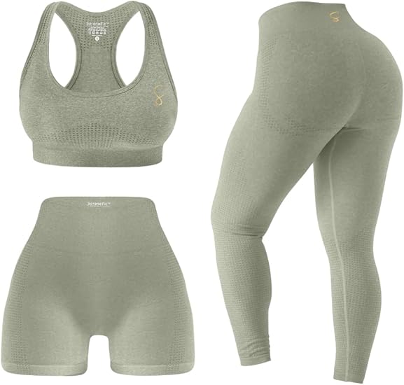 3 Piece Workout Sets For Women Seamless High Waisted Matching Exercise Leggings Shorts and Sports Bra Active Set