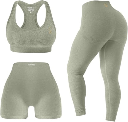3 Piece Workout Sets For Women Seamless High Waisted Matching Exercise Leggings Shorts and Sports Bra Active Set