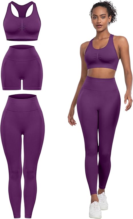 3 Piece Workout Sets for Women Butt Lifting Leggings with High Impact Sports Bra Gym Shorts