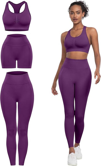 3 Piece Workout Sets for Women Butt Lifting Leggings with High Impact Sports Bra Gym Shorts