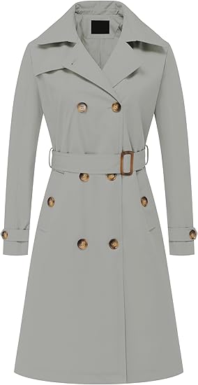 Women's Double Breasted Long Trench Coats Mid-Length Belted Overcoat Dress Jacket with Detachable Hood