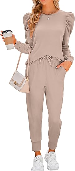 Sweatsuits for Women 2 Piece Outfits Puff Long Sleeve Crewneck Pullover Sweatshirt Jogger Lounge Sets