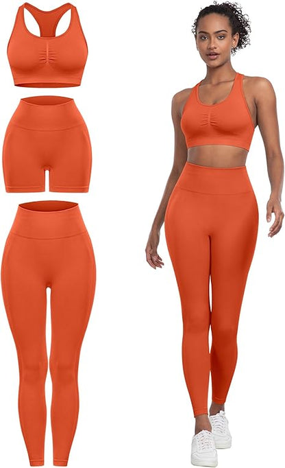 3 Piece Workout Sets for Women Butt Lifting Leggings with High Impact Sports Bra Gym Shorts