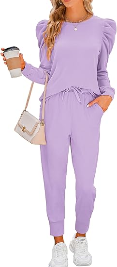 Sweatsuits for Women 2 Piece Outfits Puff Long Sleeve Crewneck Pullover Sweatshirt Jogger Lounge Sets
