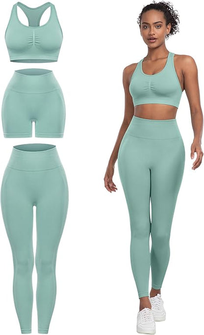 3 Piece Workout Sets for Women Butt Lifting Leggings with High Impact Sports Bra Gym Shorts