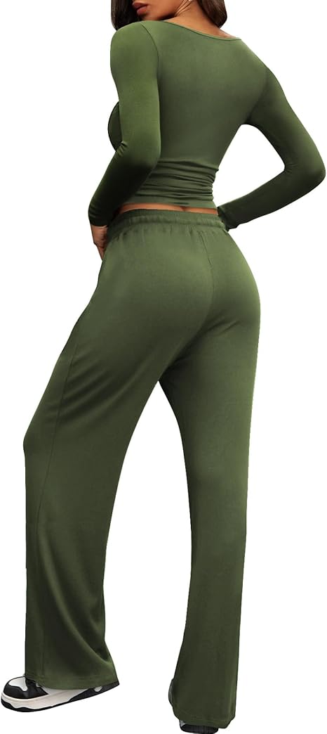 2 Piece Lounge Sets for Women, Side Ruched Long Sleeve Top & Wide Leg Pants Casual Matching Tracksuit for Home & Travel