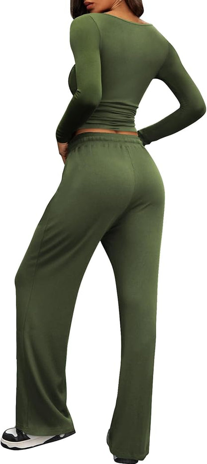 2 Piece Lounge Sets for Women, Side Ruched Long Sleeve Top & Wide Leg Pants Casual Matching Tracksuit for Home & Travel