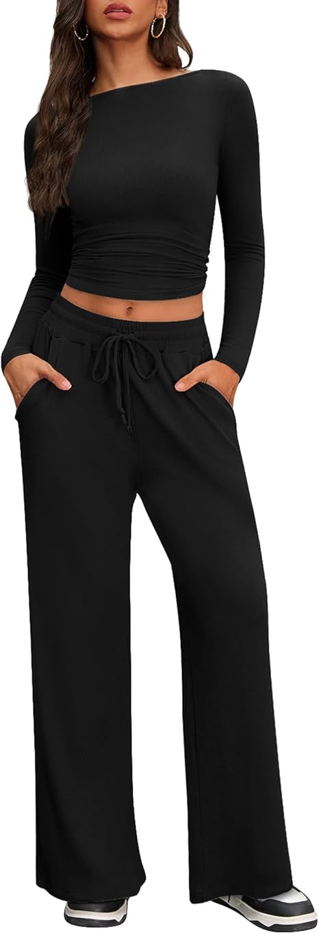 2 Piece Lounge Sets for Women, Side Ruched Long Sleeve Top & Wide Leg Pants Casual Matching Tracksuit for Home & Travel