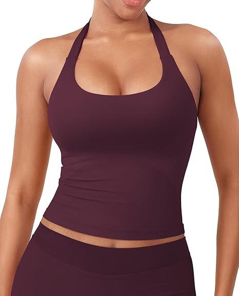 Women's Impact Halter Tank Top Longline Backless Scoop Neck Built-in Bra Sports Workout Gym Crop Top