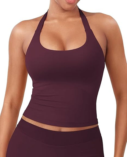 Women's Impact Halter Tank Top Longline Backless Scoop Neck Built-in Bra Sports Workout Gym Crop Top