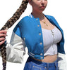 Women Color block Crop Fleece Baseball Jacket Button Down Bomber Coats Sweatshirt