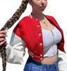 Women Color block Crop Fleece Baseball Jacket Button Down Bomber Coats Sweatshirt