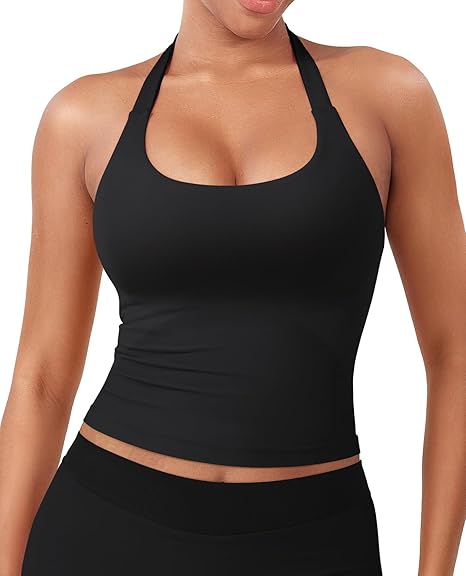 Women's Impact Halter Tank Top Longline Backless Scoop Neck Built-in Bra Sports Workout Gym Crop Top