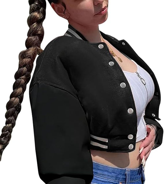 Women Color block Crop Fleece Baseball Jacket Button Down Bomber Coats Sweatshirt
