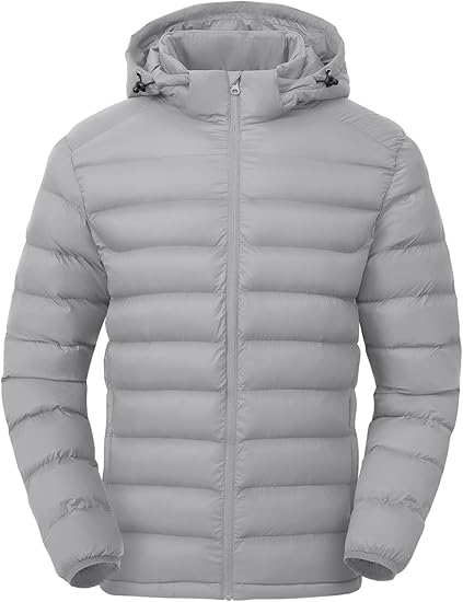 Men's Lightweight Puffer Jackets Detachable Hood Water-Resistant Casual Winter Coat Hooded Insulated for Travel Ski