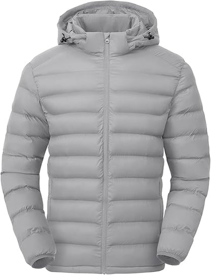 Men's Lightweight Puffer Jackets Detachable Hood Water-Resistant Casual Winter Coat Hooded Insulated for Travel Ski
