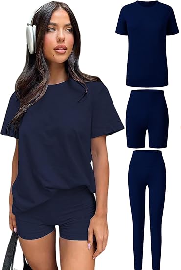 Women's 3 Piece Loungewear Set Soft & Stretchy Loose T Shirt with Shorts & Long Pants