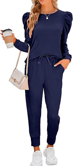 Sweatsuits for Women 2 Piece Outfits Puff Long Sleeve Crewneck Pullover Sweatshirt Jogger Lounge Sets