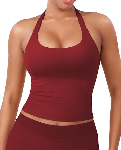 Women's Impact Halter Tank Top Longline Backless Scoop Neck Built-in Bra Sports Workout Gym Crop Top