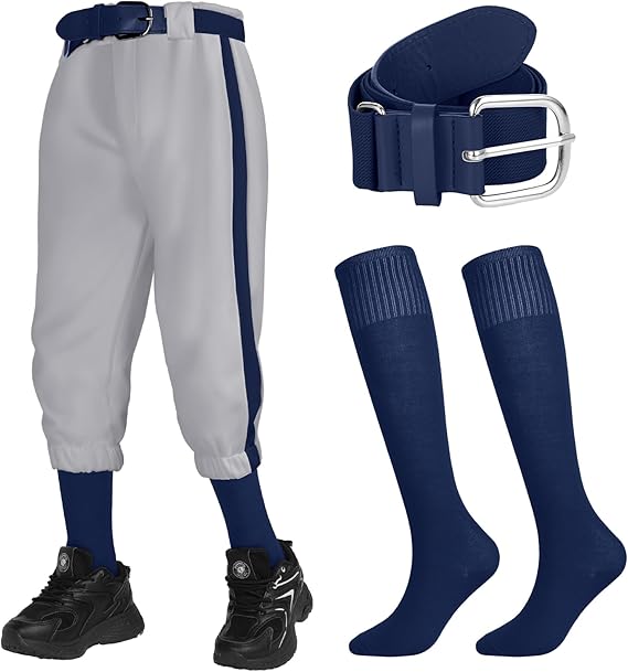 3 Pcs Baseball Combo Set, Knicker Softball Pants, Softball Socks, Baseball Belts for Boys and Girls