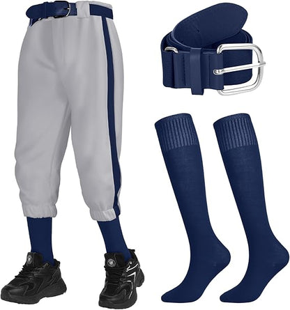 3 Pcs Baseball Combo Set, Knicker Softball Pants, Softball Socks, Baseball Belts for Boys and Girls