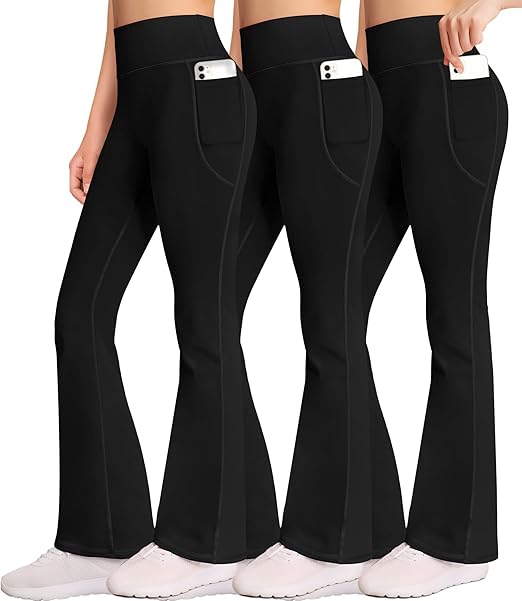 3 Packs Womens High Waist Flare Pants-Flare Yoga Pants，Yoga Pants with Pockets - High Waist and Wide Leg