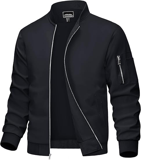 Men's Bomber Jacket Lightweight Casual Windbreaker Spring Fall Zip Up Coat with 5 Pocket