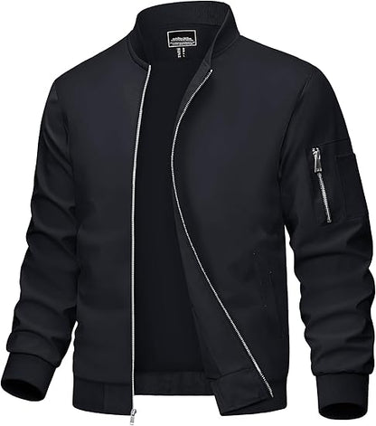 Men's Bomber Jacket Lightweight Casual Windbreaker Spring Fall Zip Up Coat with 5 Pocket