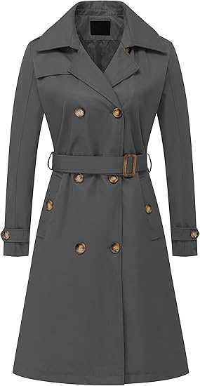 Women's Double Breasted Long Trench Coats Mid-Length Belted Overcoat Dress Jacket with Detachable Hood