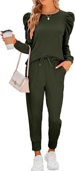 Sweatsuits for Women 2 Piece Outfits Puff Long Sleeve Crewneck Pullover Sweatshirt Jogger Lounge Sets