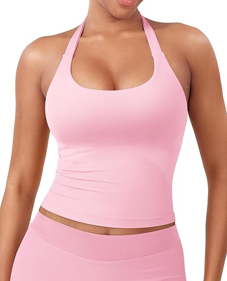Women's Impact Halter Tank Top Longline Backless Scoop Neck Built-in Bra Sports Workout Gym Crop Top