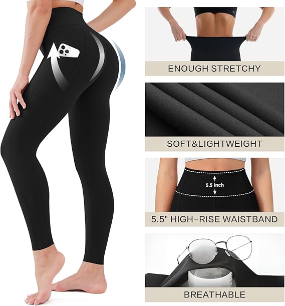 Blisset 3 Pack High Waisted Leggings for Women-Soft Athletic Tummy Control Pants for Running Yoga Workout Reg & Plus Size