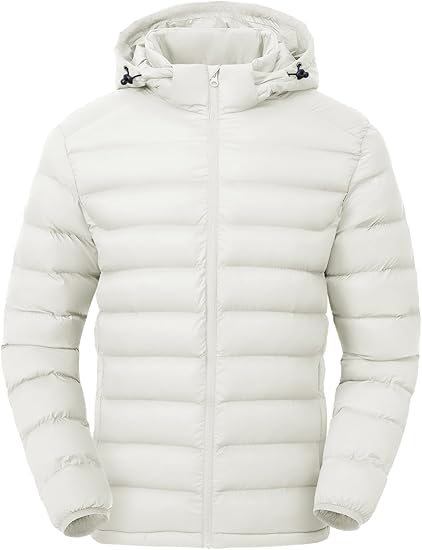 Men's Lightweight Puffer Jackets Detachable Hood Water-Resistant Casual Winter Coat Hooded Insulated for Travel Ski