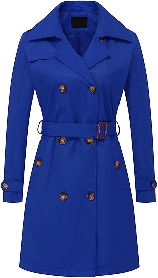Women's Double Breasted Long Trench Coats Mid-Length Belted Overcoat Dress Jacket with Detachable Hood