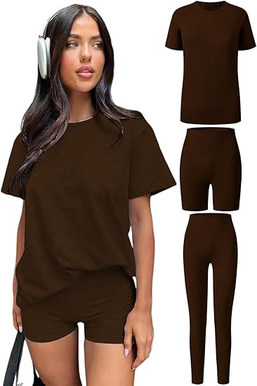 Women's 3 Piece Loungewear Set Soft & Stretchy Loose T Shirt with Shorts & Long Pants