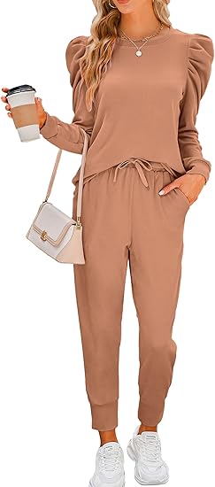 Sweatsuits for Women 2 Piece Outfits Puff Long Sleeve Crewneck Pullover Sweatshirt Jogger Lounge Sets